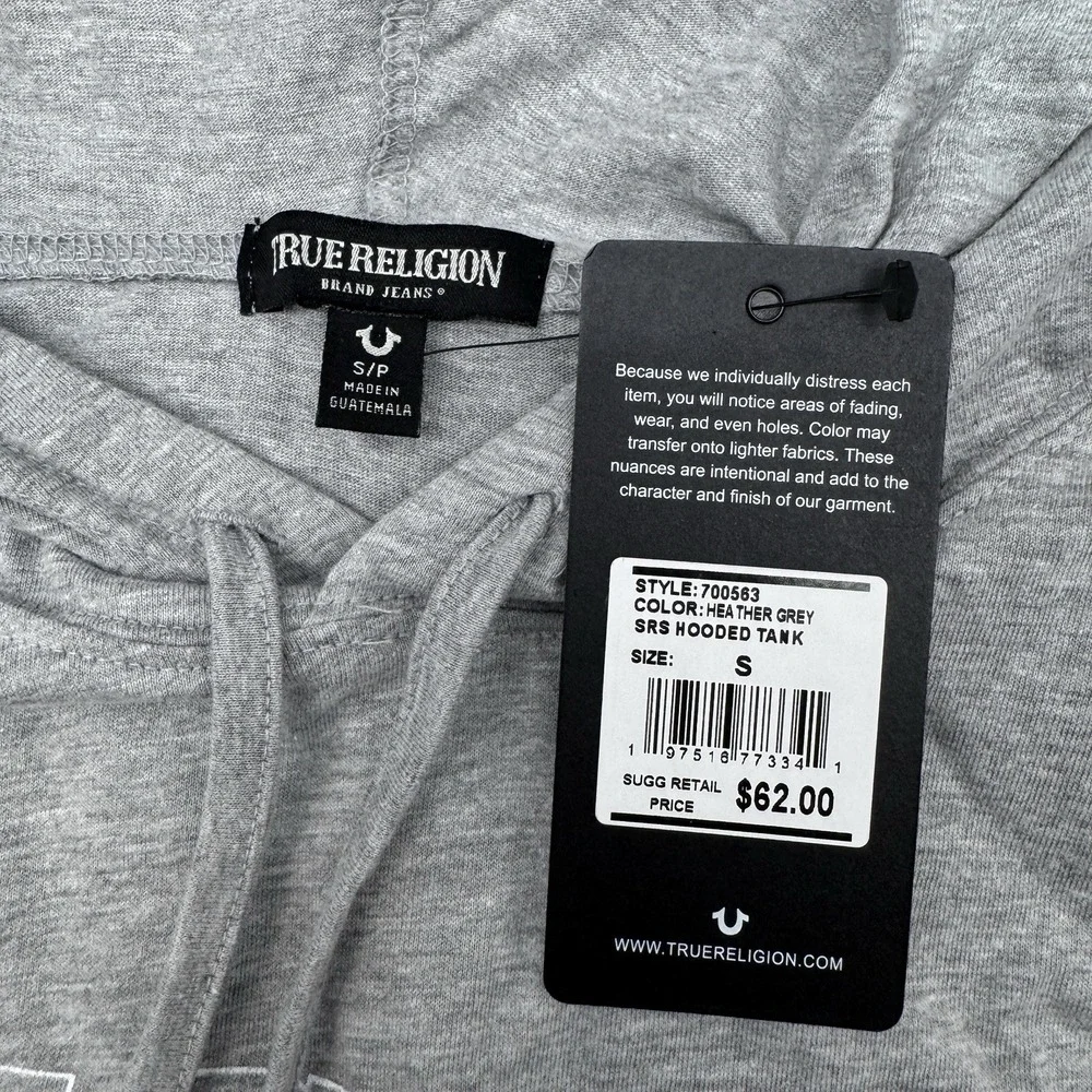 NWT True Religion Hooded Tank Mens S Light Grey World Tour Buddha Sleeveless Gym